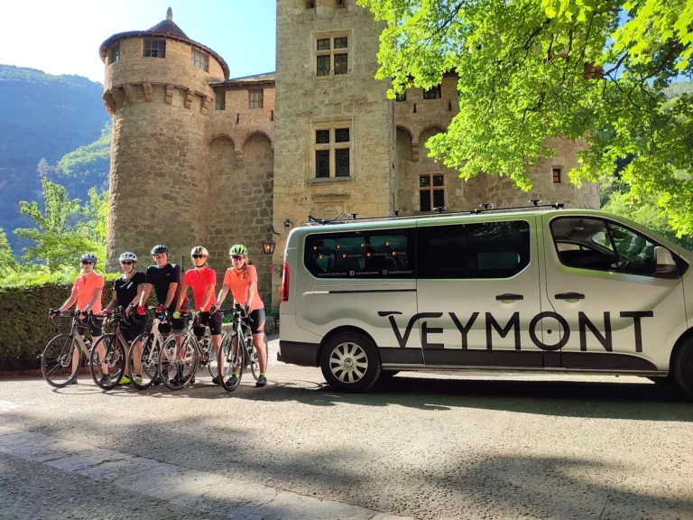 Cyclists at the start of the day's stage in the Massif Central with Veymont Travel