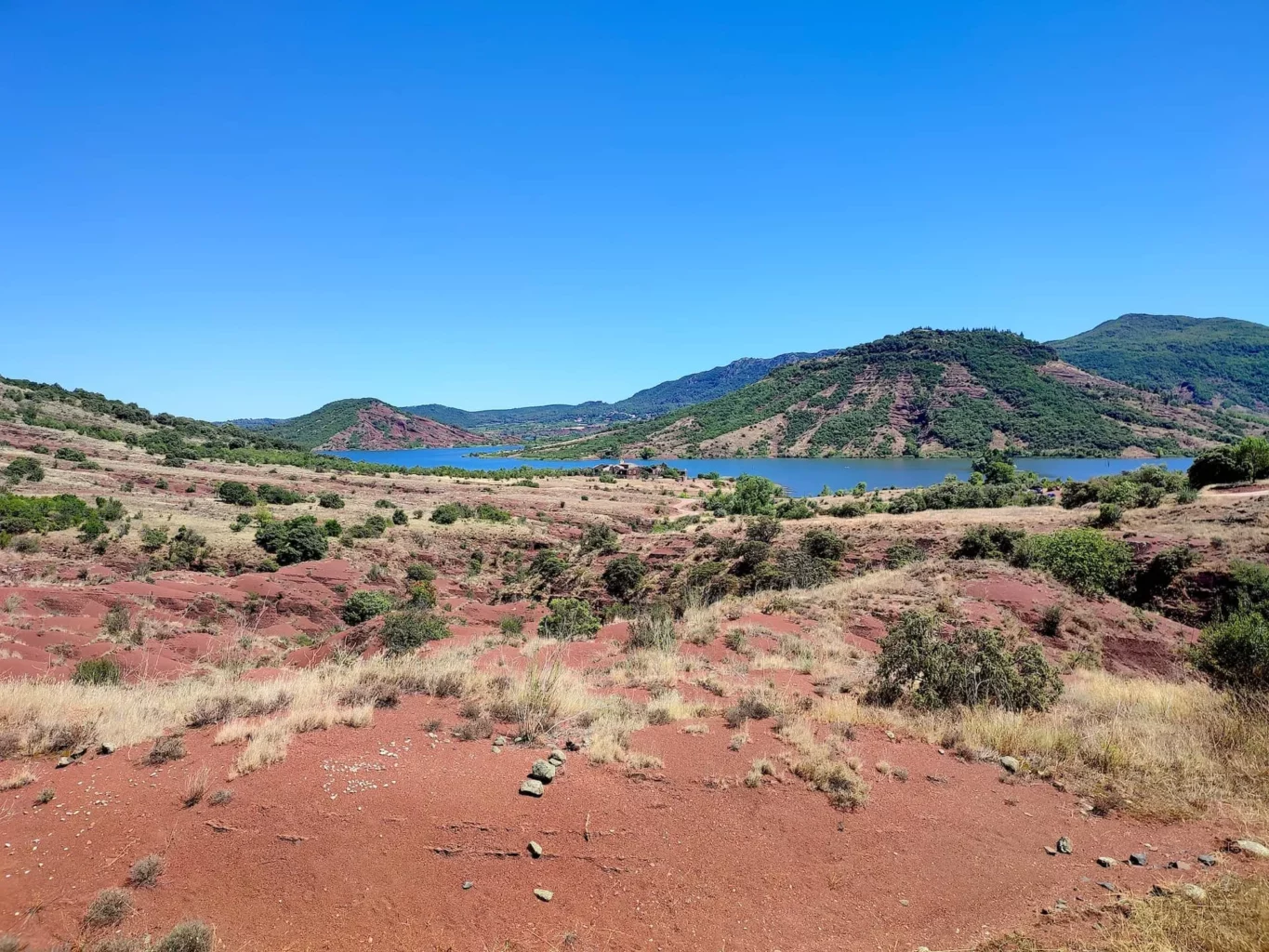 Lake Salagou, with its red shores due to rich geology in the heart of Languedoc