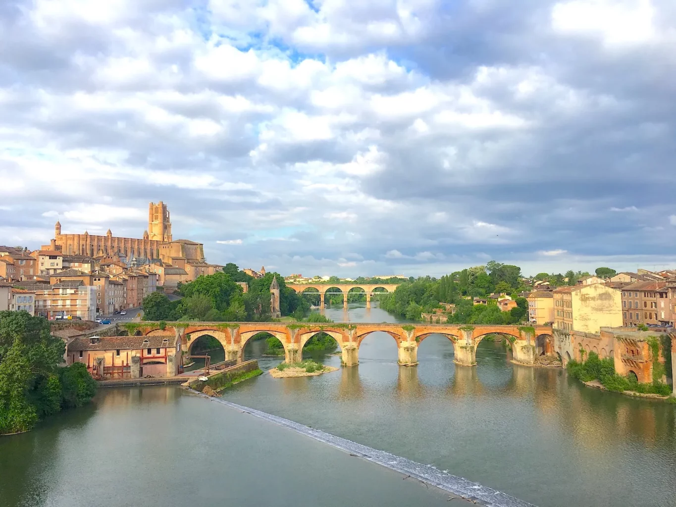panoramic view of the city of Albi, Saint Catherine's Cathedral, and the Tarn River