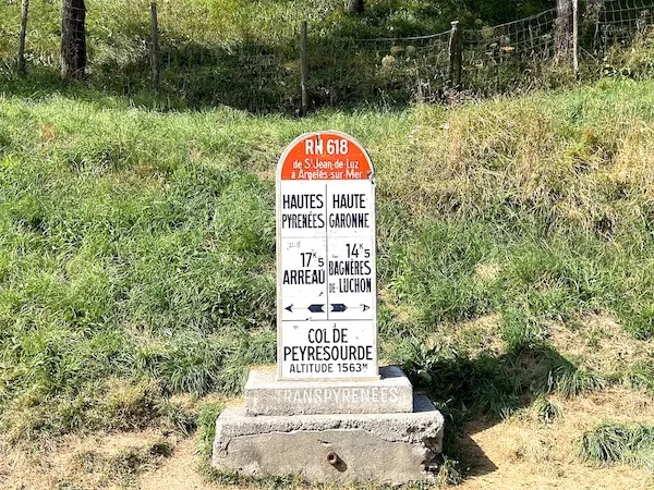 Kilometer marker on the Trans-Pyrenean road at the Col de Peyresourde pass in the French Pyrenees